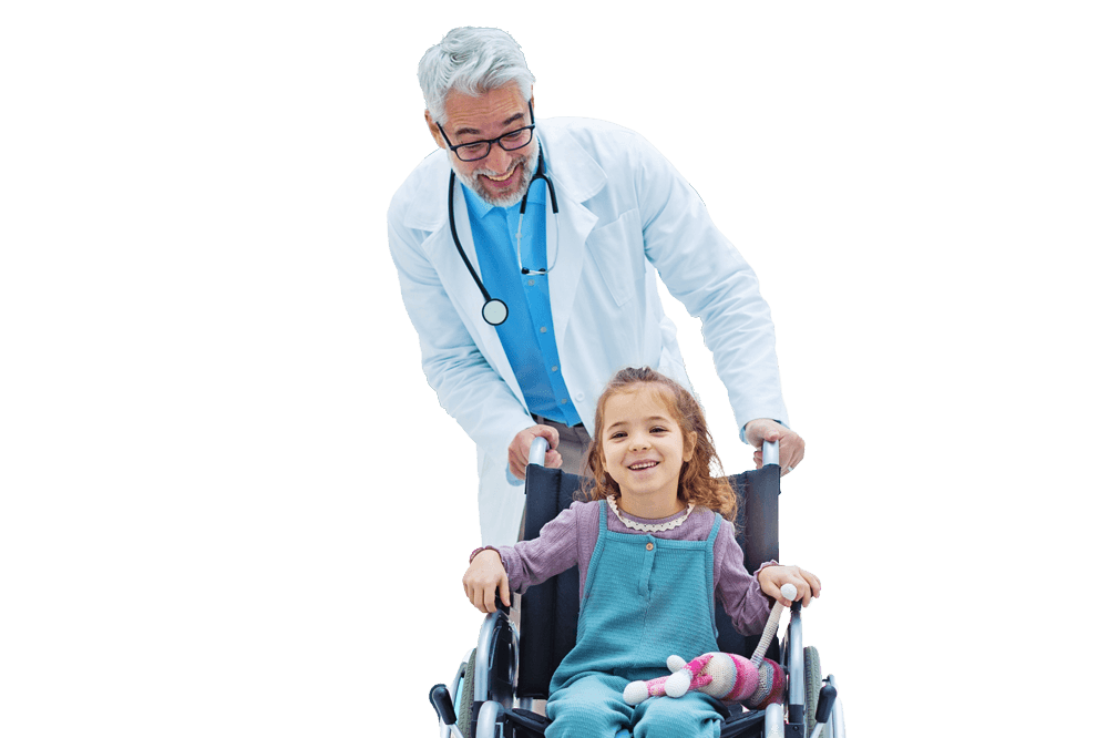 Doctor with young girl in wheelchair